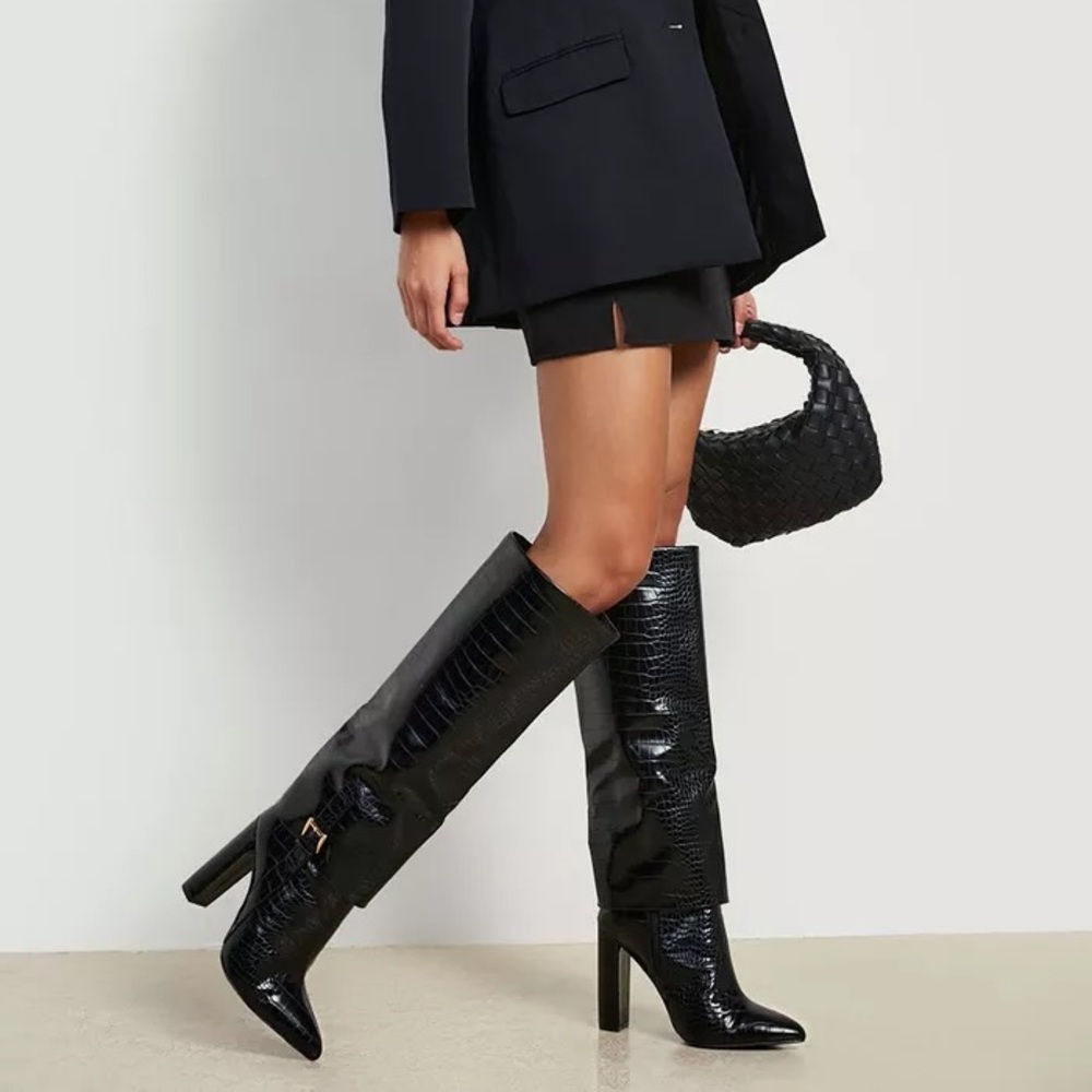 WIDE WIDTH FOLD OVER BUCKLE DETAIL POINTED KNEE HIGH BOOTS